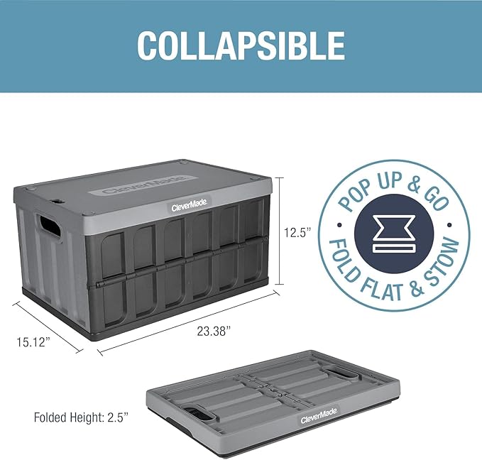 CleverMade Collapsible Storage Bins with Lids, 62L – Heavy Duty Foldable Plastic Storage Crates for Garage, Closet & Trunk Organization - Stone