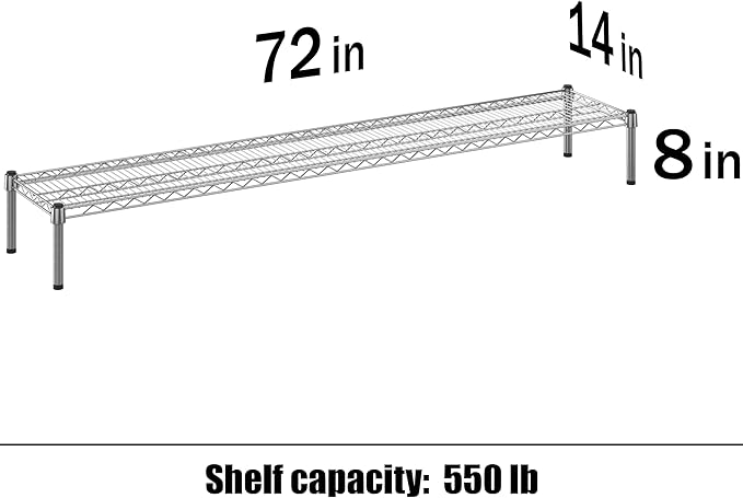 14" Deep x 72" Wide x 8" Height 1-Tier Wire Shelving Kit | NSF Commercial Storage Rack Unit