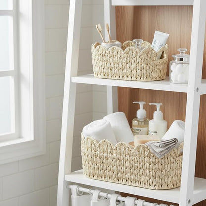 Coeusy Wicker Scalloped Basket Set of 2,Woven Storage Baskets for Shelves,Closet,Laundry,Gifts,Towels,Books,Toys,Waterproof Boho Decor Basket for Organizing