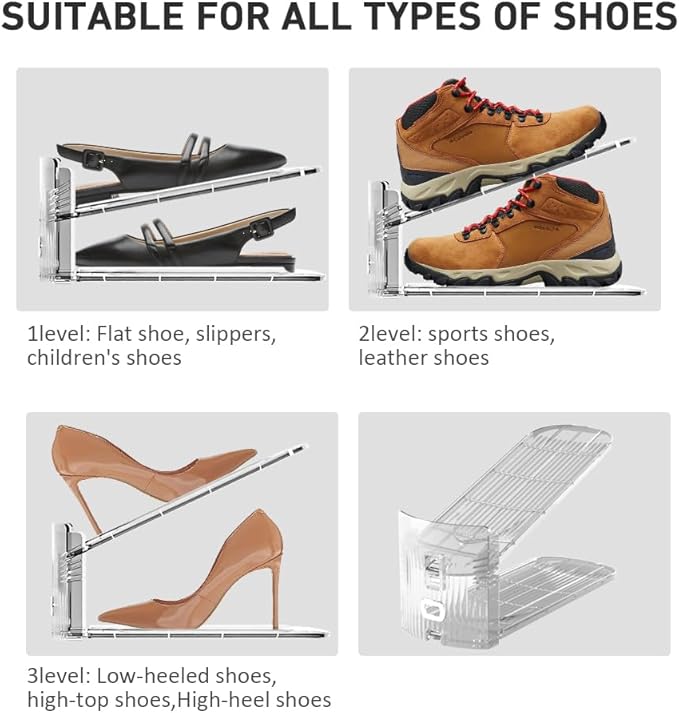 16 Pack Clear Shoe Slots Organizer - Adjustable Height 3.7''to 7.7'' Shoe stackers for a pair of shoes ,Shoe rack storage shoe space saver 50%,Easy to assemble shoe hold shoe organizer for cloest