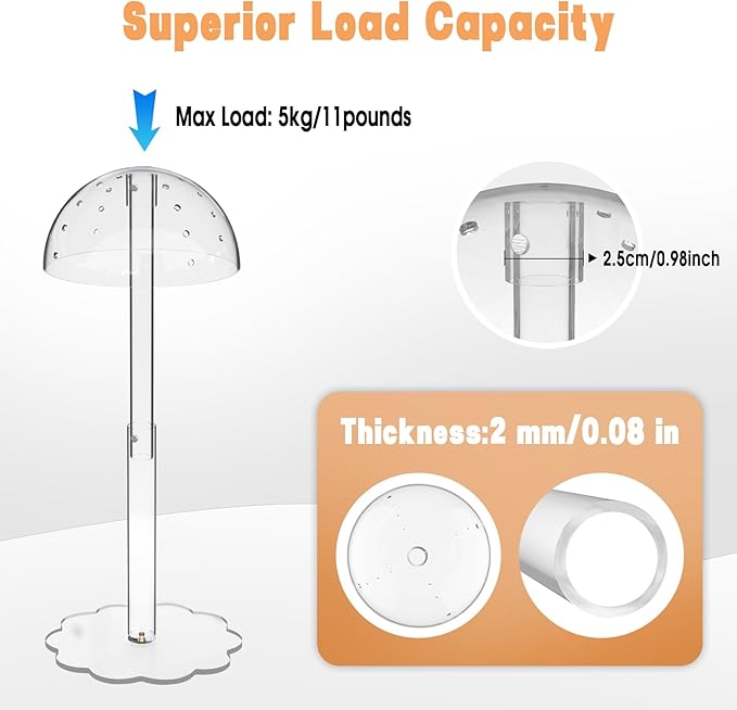 2 Pack Acrylic Wig Hat Display Stand Height Adjustable, Clear Wig Display Rack Stand Countertop Domed Hat Holder, Tabletop Baseball Cap Hat Stands for Shop Window Display(9.8"-16.5" H)