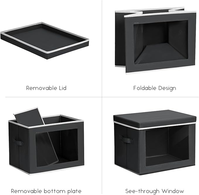 Homsorout Storage Bins with Lids - Small Fabric Organizers with Window, Collapsible Storage Bins for Clothes, Decorative Closet Organizers for Towels, Tshirt, 4 Pack, Black