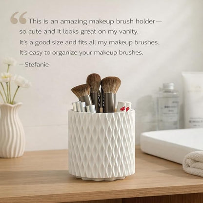 Makeup Brush Holder Organizer, 360° Rotating 5-Slot Make up Brushes Cup for Cosmetic, Lipstick, Hair Brush Holder - Spinning Vanity Countertop Caddy for Bathroom, Dorm & Office, White