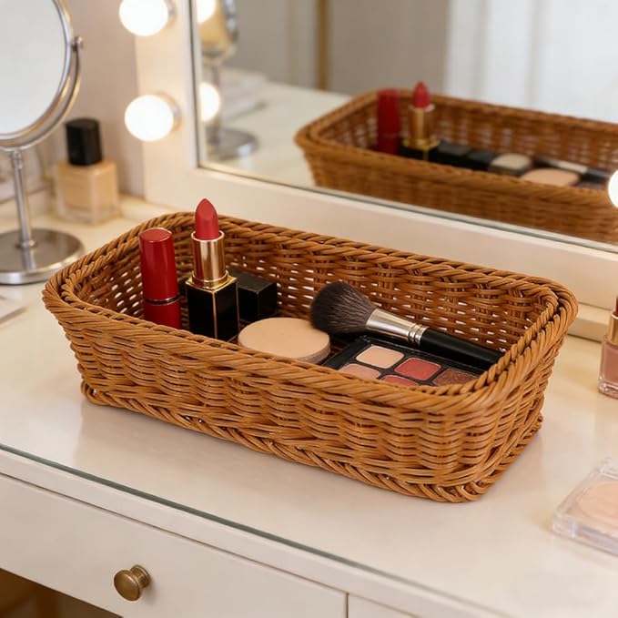 Small Wicker Bread Basket, Cracker Basket, Silverware Organizer Baskets, Flatware Organizer for Drawer, Stackable Wicker Narrow Baskets for Spoons Forks Knives Stationery (Rectangle)