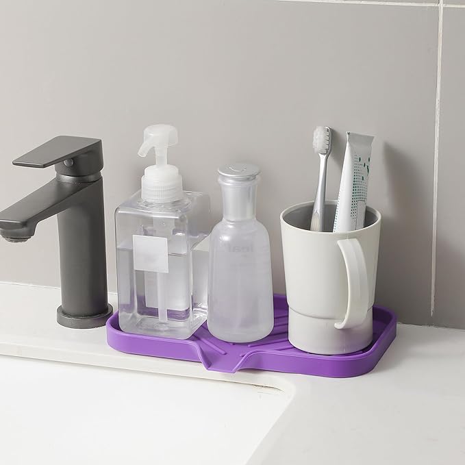 MicoYang Silicone Bathroom Soap Dishes with Drain Spout-Bathroom and Kitchen Sink Organizer,Sponge Holder,Dish Soap Tray,Perfect for Dispenser,Scrubber,Bottle,Cup on Sink or Counter-Purple 9.6"×5.3"