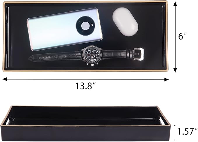MAONAME Black Bathroom Tray, Plastic Vanity Tray, Narrow Countertop Trays with Handles, Perfume Organizer Trays for Dresser, Bathroom Accessories, 13.8" x 6" x 1.59"