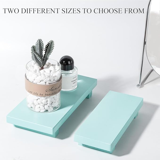 zoocatia Small Wood Tray Pedestal Stand Farmhouse Bathroom Decor Decorative Wooden Riser Kitchen Soap Dish Holder for Vanity, Counter, Sink, 10" x 4.5" - Light Blue