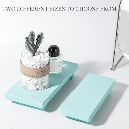 zoocatia Small Wood Tray Pedestal Stand Farmhouse Bathroom Decor Decorative Wooden Riser Kitchen Soap Dish Holder for Vanity, Counter, Sink, 10" x 4.5" - Light Blue