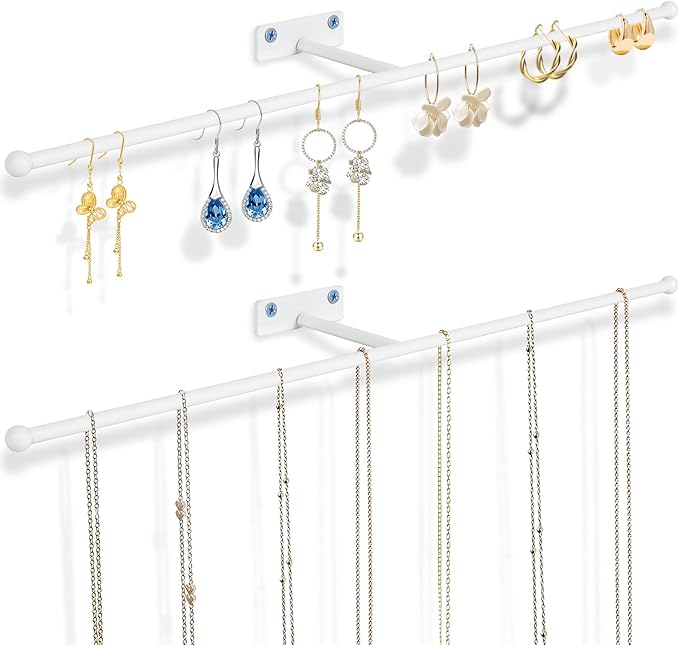 2 Pack Wall Jewelry Organizer, 14.5'' Necklace Holder for Hanging Earring, Ring, Bracelet, Hairband, Glasses Storage, Decorative Space-Saving Jewelry Display-White