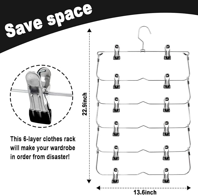 Skirt Pants Hangers with Clips,6Tier Skirt Hangers Space Saving,Metal Multi Pants Hangers and Storage Multi Clothes Shorts Hanger Organization,Space Saving Hangers with Clips (Black, 2-Piece Set)