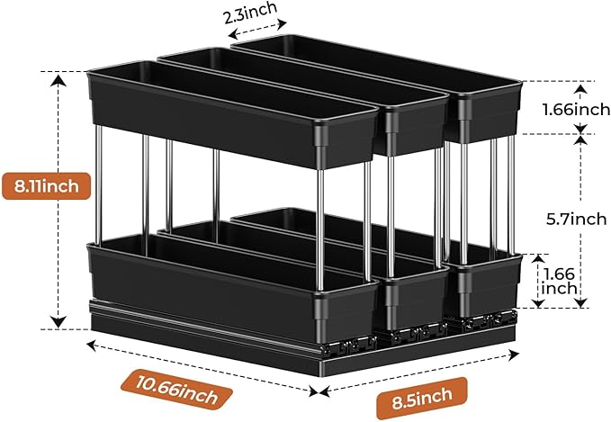 Mystozer Pull Out Spice Rack Organizer for Cabinet, Slide Out Spice Racks Organizer, Easy to Install Spice Cabinet Organizers, 2.3''Wx10.66''Dx8.11''H, 3 Packs - 2 Tiers (Black)