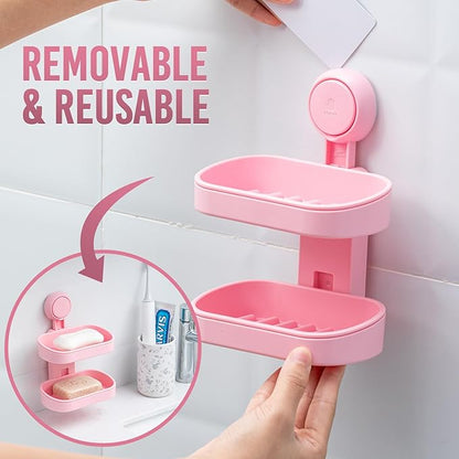 TAILI Soap Holder Soap Dish for Shower, Suction Cup Soap Holder for Shower Wall, Bathroom Accessories, Removable Strong Hold Soap Saver, Drill Free, Pink 2 Layer