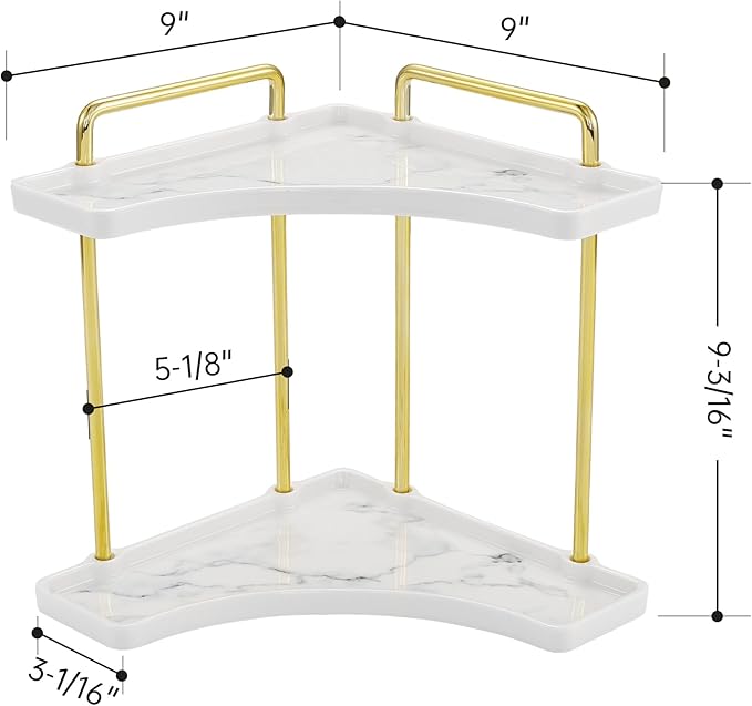 2-Tier Hancrafted Ceramic Bathroom Counter Organizer, KES Marble Pattern Corner Bathroom Countertop Organizer, Vanity Skincare and Makeup Storage Tray Shelf, Polished Gold, BSC900B-PG