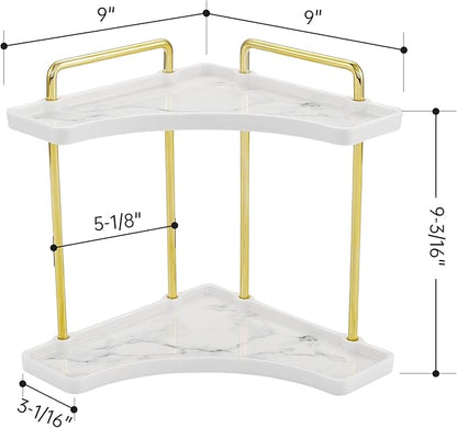 2-Tier Hancrafted Ceramic Bathroom Counter Organizer, KES Marble Pattern Corner Bathroom Countertop Organizer, Vanity Skincare and Makeup Storage Tray Shelf, Polished Gold, BSC900B-PG