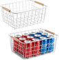 Metal White Wire Basket,Food Storage Organizer with Wooden Handles, pantry organizers and storage for Organizing Kitchen Cabinets potato onion, 2 Packs