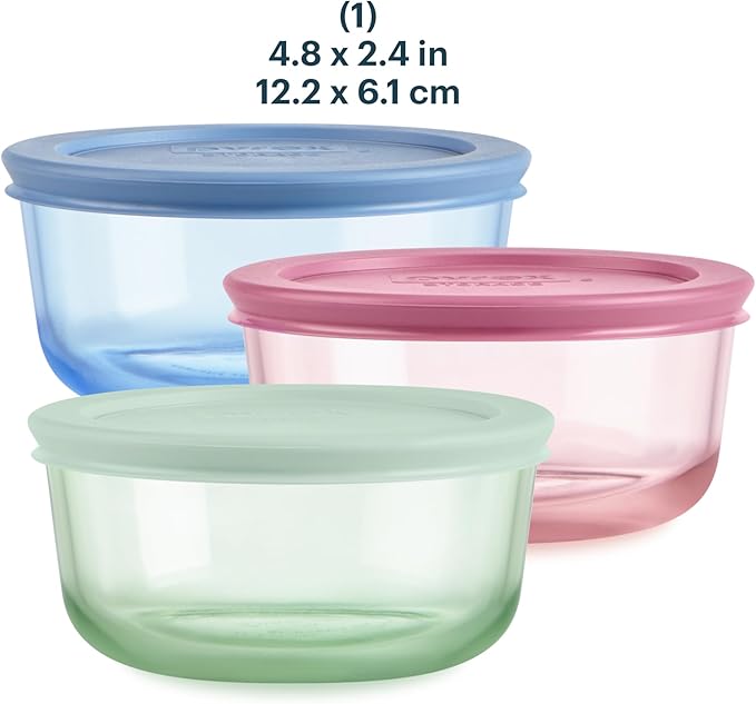 Pyrex Colors (3-Pack, Medium) Tinted Glass Round Food Storage Container Set, Snug Fit Non-Toxic Plastic BPA-Free Lids, Freezer Dishwasher Microwave Safe, 2 Cup, 4 Cup & 7 Cup, Blue