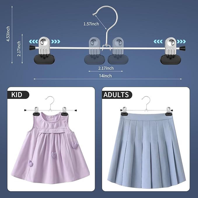 Pants Hangers with Wide Clips 50 Pack Adjustable Skirt Hangers for Women Non-Slip Clothes Hanger for Pants Heavy Duty Space Saving Trousers Hanger for Jeans,Shorts Black,12Inch
