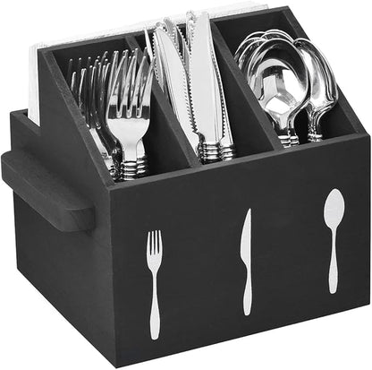 Ikee Design Wooden Utensil Caddy with Handles, Silverware Caddy, Silverware Holder for Countertop,Party,Camping and Kitchen, Organizer, Picnic Cutlery Holders, Black Color