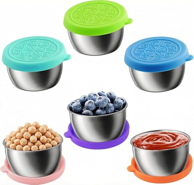 Showvigor 6-Pack Salad Dressing Containers, 1.7 oz Stainless Steel Condiment Containers with Silicone Lids, Leakproof Reusable Sauce Cups for Lunch Box, Picnic and Travel