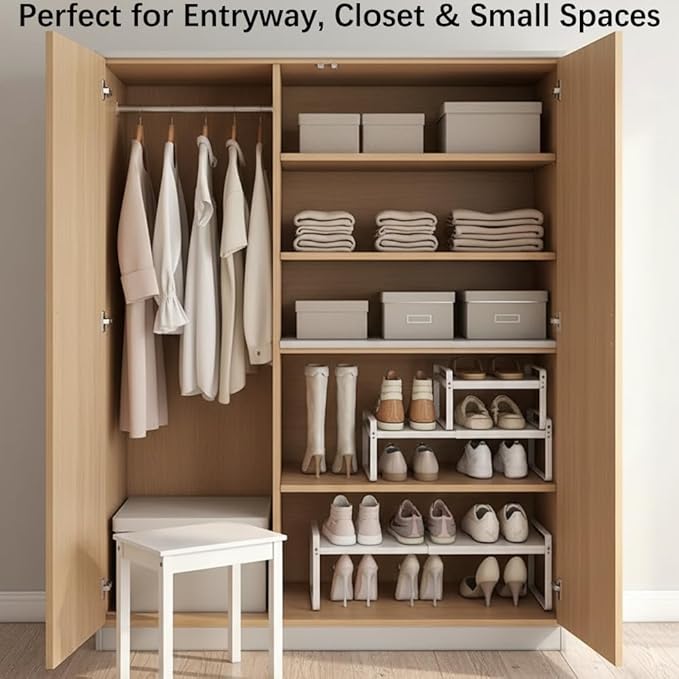 Expandable 1-Tier Metal Shoe Rack (H:7"), Adjustable Width 14.9"–23.6", Heavy-Duty Free-Standing Shoe Shelf for Closet, Entryway & Small Spaces – Single Pack