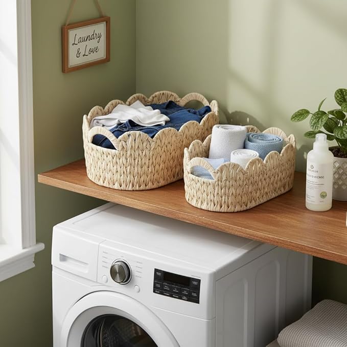 Coeusy Wicker Scalloped Basket Set of 2,Woven Storage Baskets for Shelves,Closet,Laundry,Gifts,Towels,Books,Toys,Waterproof Boho Decor Basket for Organizing