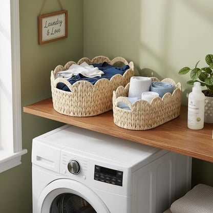 Coeusy Wicker Scalloped Basket Set of 2,Woven Storage Baskets for Shelves,Closet,Laundry,Gifts,Towels,Books,Toys,Waterproof Boho Decor Basket for Organizing