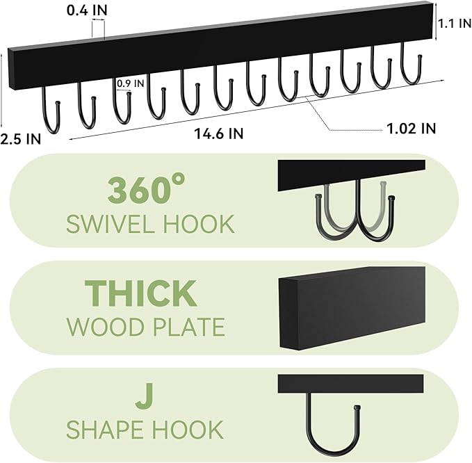 Belt Hanger Wall Mount, Adhesive Wooden Closet Belt Organizer with 24 Metal Hooks, Large Capacity, 2 Installation Options, Black, 2 Pcs