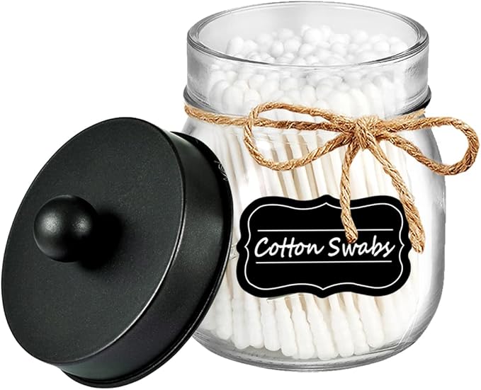 Amolliar Mason Jar Bathroom Vanity Organizer - Farmhouse Decor Qtip Dispenser Holder Canister Glass - 8oz Mason Jars &Stainless Steel Lids for Q-tips,Cotton Swabs,Rounds,Bath Salts,Ball/Black,2-Pack