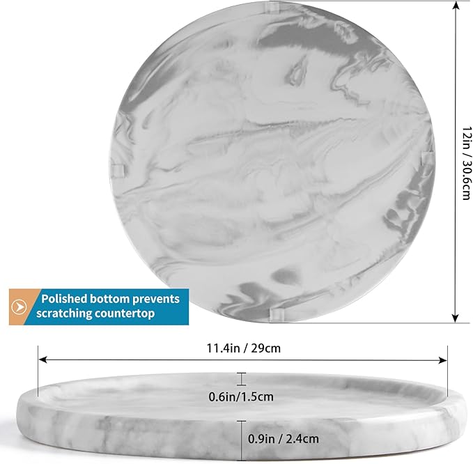 12" Large Ceramic Vanity Tray, Circle Perfume Plate Organizer, Jewelry Holder Dish, Non Slip Decorative Tray for Bathroom, Bedroom, Kitchen, Coffee Table (Marble Grey)