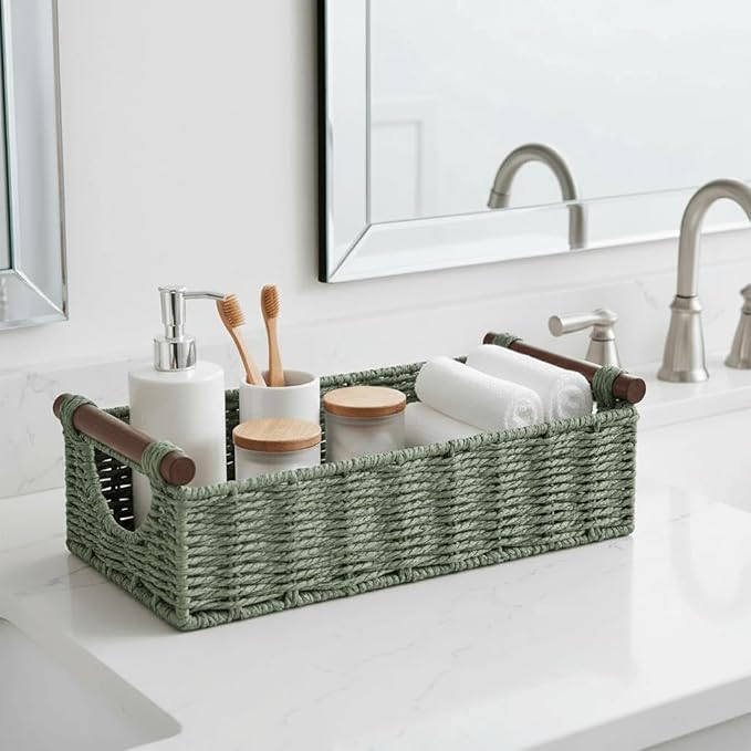 CubesLand Small Wicker Toilet Basket Tray Organizer W/Cut Out Handle, Handwoven Slim Decorative Basket for Countertop, Shelves And for Rustic Home Decor, Living Room, Nursery Organization, Green
