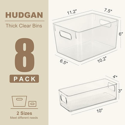 Hudgan Set of 8 Clear Plastic Storage Bins 4 Large and 4 Small Stackable Storage Containers for Pantry Organizers and Kitchen Storage, Cabinet, Freezer, Under Sink Organization