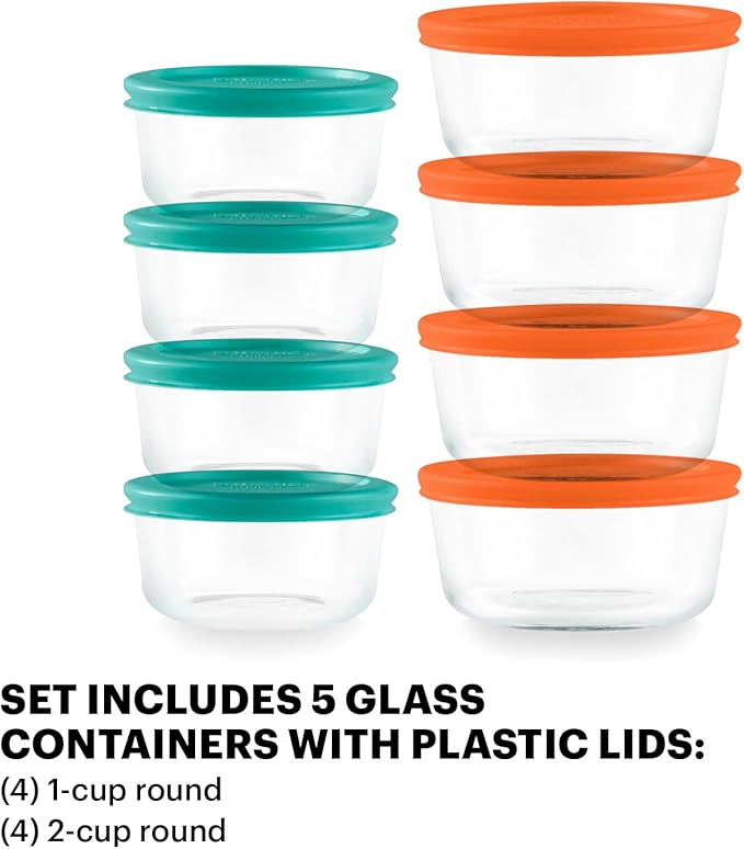 Pyrex Simply Store (8-Pack) Small Glass Food Storage Containers Set, (1 & 2 Cup) Meal Prep Containers With Plastic BPA-Free Lids, Dishwasher & Microwave Safe