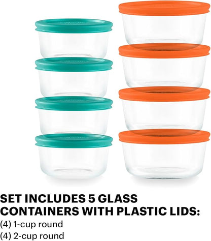 Pyrex Simply Store (8-Pack) Small Glass Food Storage Containers Set, (1 & 2 Cup) Meal Prep Containers With Plastic BPA-Free Lids, Dishwasher & Microwave Safe