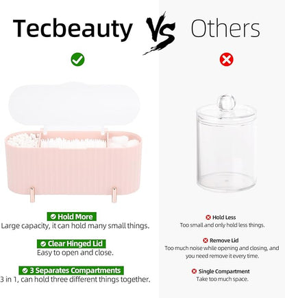 Tecbeauty Qtips Holder, 3 Grids Separate Cotton Swabs Ball Dispenser, Storage Box, Jar for Cotton Pads Bathroom Organizer Canisters - Pink