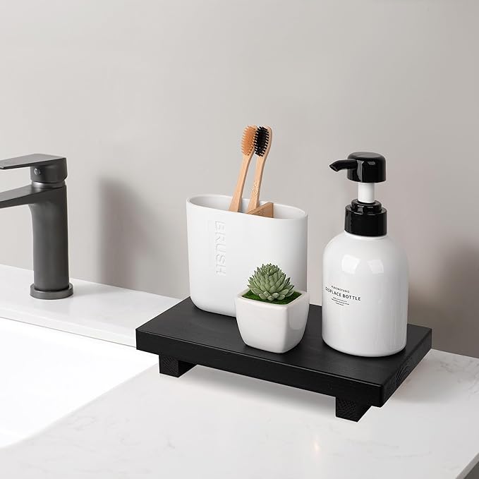Bathroom Counter Organizer Wood Pedestal Stand Farmhouse Decorative Tray Soap Holder for Kitchen Decor, 9" x 6" - Black