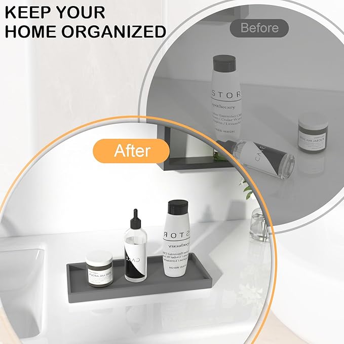Silicone Bathroom Vanity Tray, 7.8 x 3.9 Inch Perfume Trays for Dresser, Soft Organizer Tray for Makeup, Jewelry, Rings, Non-Slip, Waterproof Small Tray for Bathroom Counter, Grey