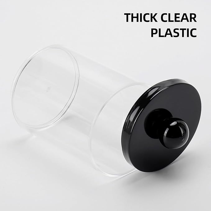 Tbestmax 10oz Qtips Holder - Bathroom Organizers and Storage Containers Plastic Apothecary Jar with Black Lids for Cotton Swab, Cotton Round Pads, Floss - Black