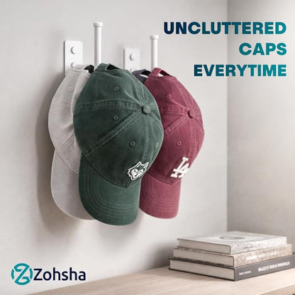2 Pack Stainless Steel hat rack for wall and hat storage for Baseball Caps, Wall-Mounted Hat Holder with Strong Adhesive or Screw, Durable Space-Saving Hat Organizer for Closet, Bedroom, Door (White)