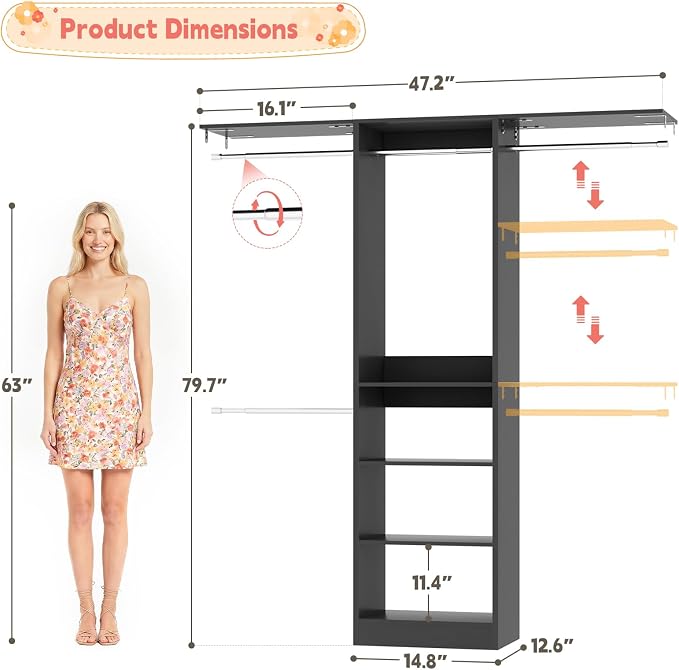 iSunirm 48" Small Closet System, Space-Saving Wall-Mounted Wardrobe Organizer, Mini Garment Rack for Narrow Spaces, Morning Outfit Prep Station & Nursery Dress-up Storage, Black