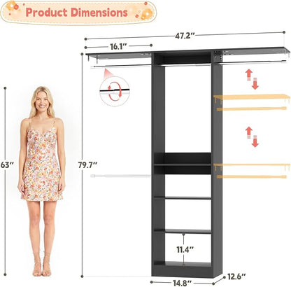 iSunirm 48" Small Closet System, Space-Saving Wall-Mounted Wardrobe Organizer, Mini Garment Rack for Narrow Spaces, Morning Outfit Prep Station & Nursery Dress-up Storage, Black