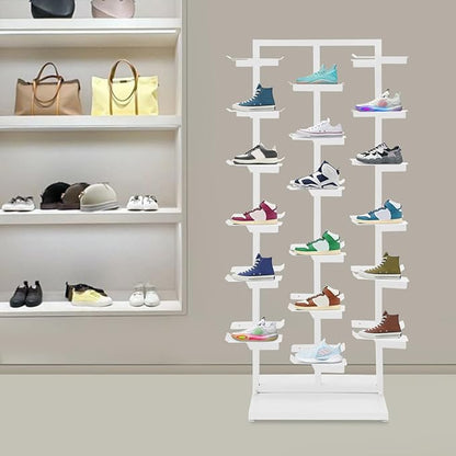 Commercial Clothing Store Shoe Rack, Large Free Standing Shoe Organizer Display Shelf, Retail Boutique Sneaker Basketball Shoes Storage Stand Holds 18 Pairs for Home Store Entryway (White)