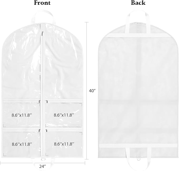 KEEGH Clear Garment Bags for Dance Costumes 40 inch Dance Garment Bags for Dancers Hanging Clothes for Closet Storage, with 4 Zipper Pockets for Dance Competitions, Ballet, Theatre, 6 Pack, White