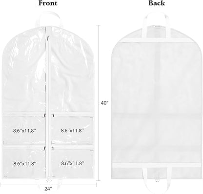 KEEGH Clear Garment Bags for Dance Costumes 40 inch Dance Garment Bags for Dancers Hanging Clothes for Closet Storage, with 4 Zipper Pockets for Dance Competitions, Ballet, Theatre, 6 Pack, White