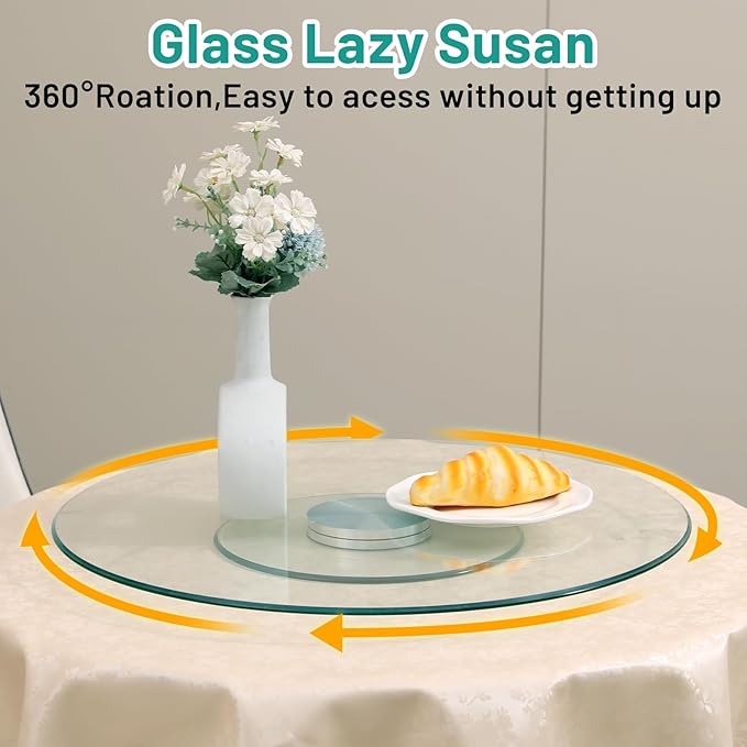 48-Inch Lazy Susan Turntable for Dining Table, 1/3" Thickness Tempered Glass, 360° Rotation, Anti-Tip Design with 6 Rotating Wheels, Perfect for Parties, Weddings, and Family Dinners (48 inch)