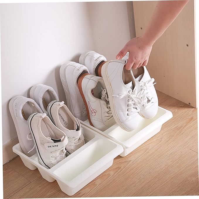 Ipetboom Plastic Upright Shoe Box Organizer with Groove Design Dustproof Storage Holder for Home Stackable White Shoe Container for Tidy Space Saving