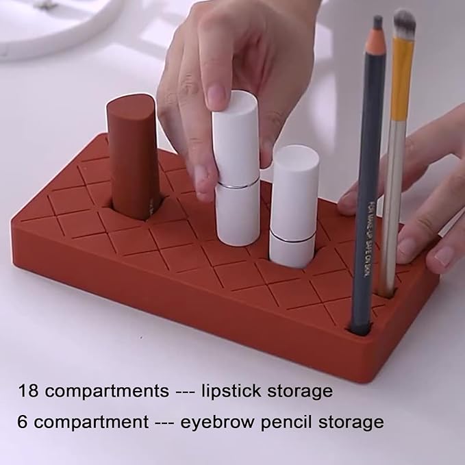 Silicone Lipstick Organizer 18+6 Slots, Lipstick Holder Stand Square Nail Polish Rack for Brush Lip Eye Stick Nail Polish Brushes Eyebrow, Wine Red