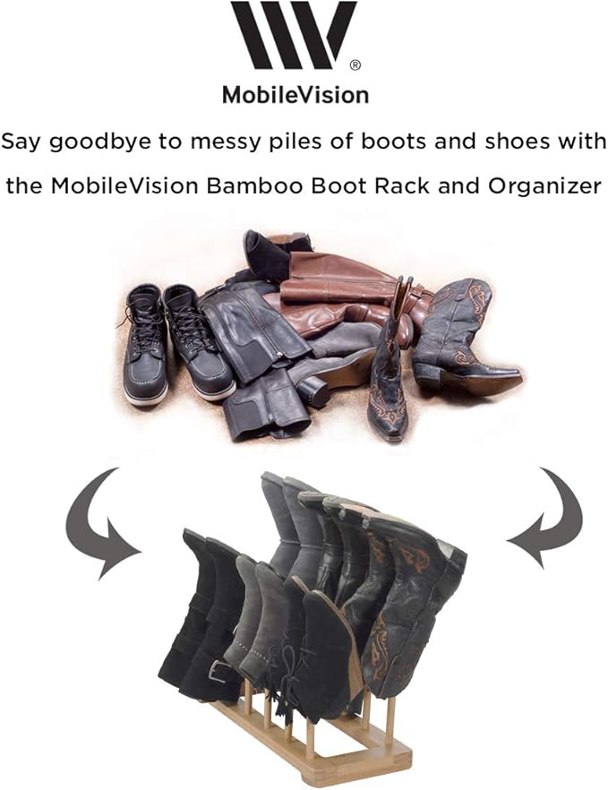 MobileVision Bamboo Boot Rack Free Standing Shoe Organizer, Holds 6 Pairs, Store Tall Knee-High, Hiking, Riding, Rain or Work Boots in closets, entryways & more