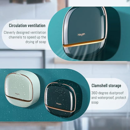 Luxury Soap Holder with Drain Tray, Waterproof Soap Dish Holder, Keep Soap Bars Dry, Adhesive Soap Case Box Wall Mounted for Shower, Bathroom, Bathtub, Mint Green