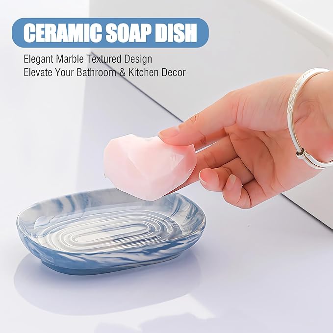 OTHIX Blue Ceramic Soap Dish with Unique Marble Texture, Decorative Bar Soap Holder for Bathroom and Kitchen, Cute Soap Dishes for Bar Soap, Jewelry, Family, Valentines Day Gifts (Blue Texture)