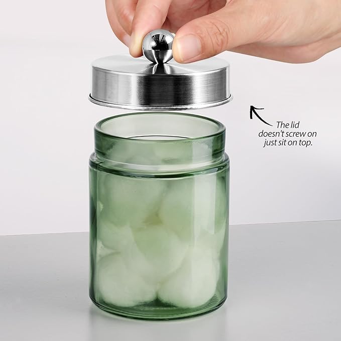 3 Pack Apothecary Jar Canisters Bathroom Vanity Organizer - Qtip Holder Storage Organizer Set Countertop Canister with Stainless Steel Lids &Cute Stickers for Qtips,Cotton Swabs,Makeup Sponges,Floss